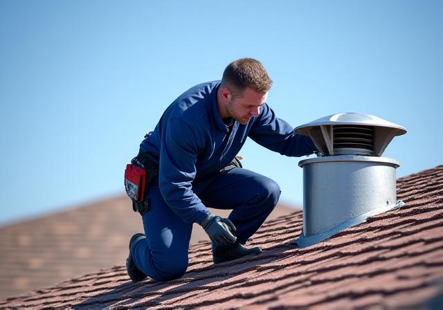 Professional technician on a roof cleaning a dryer vent cap